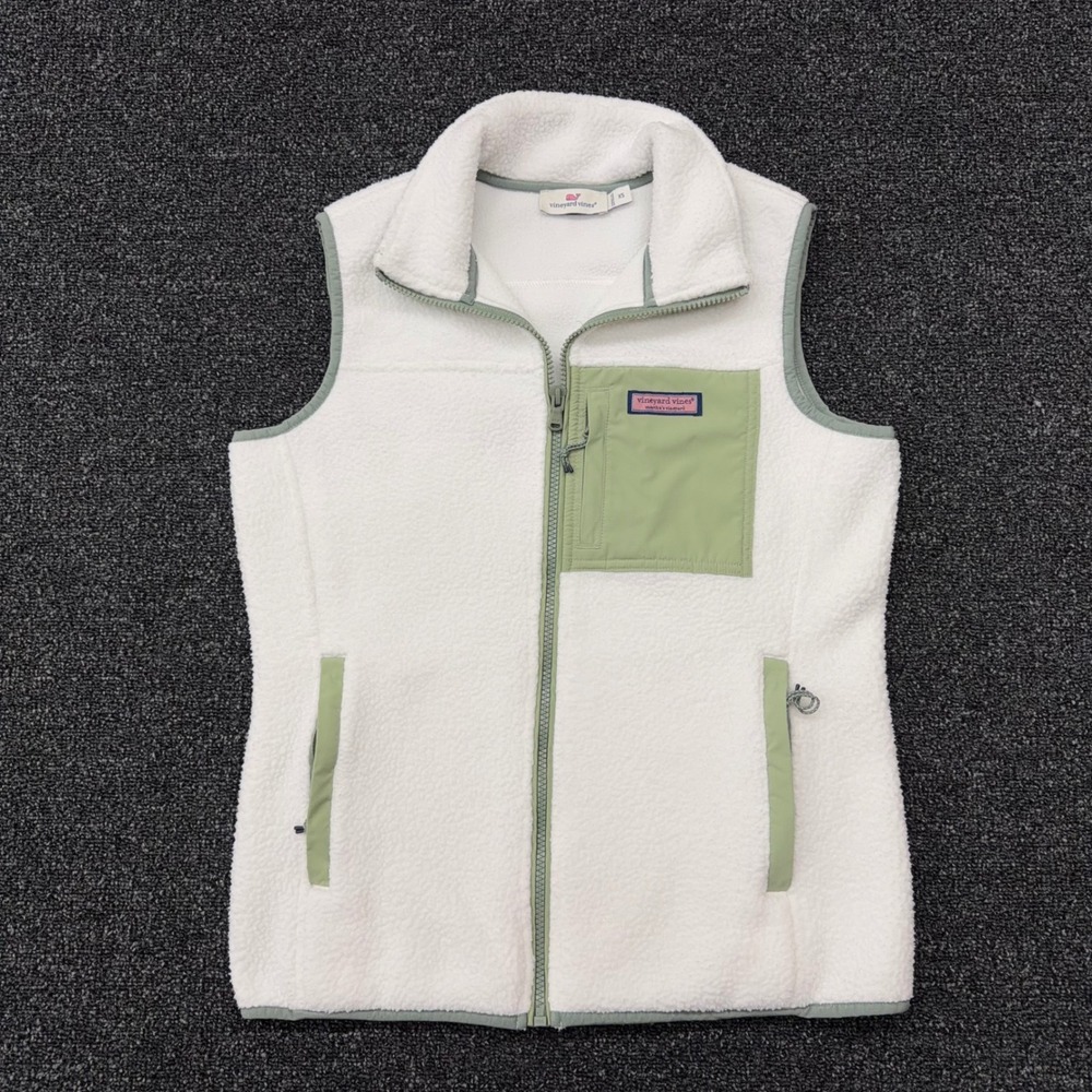 Vineyard Vines Womens XS Sherpa Fleece Vest White Sage Green Full Zip Mock Neck
